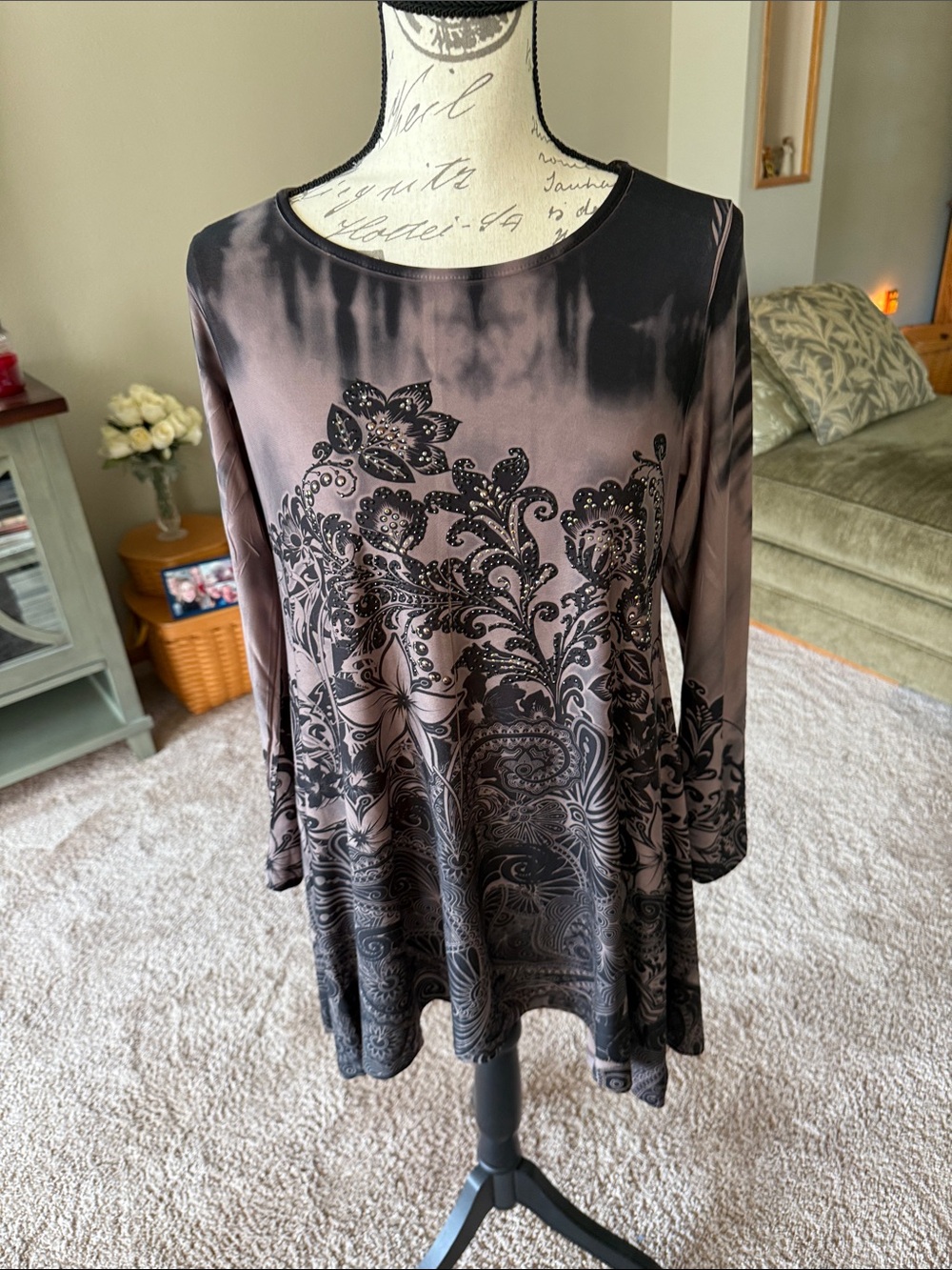 Cover Charge Beige/Mocha embellished stretchy Top - M